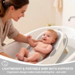 mom w/baby in seat in bath