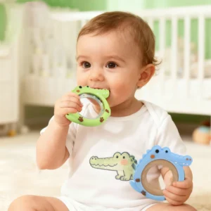 baby chewing on teether that is easily gripped